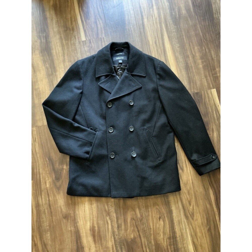Claiborne Men's Large Peacoat Wool Blend Double Breasted Dress Jacket Black EUC
